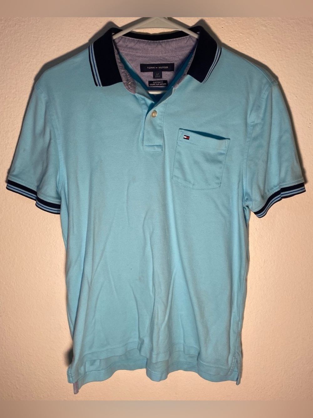 Tommy Hilfiger Polo Shirt Men’s Small Short Sleeve Logo Light Blue Casual Pocket